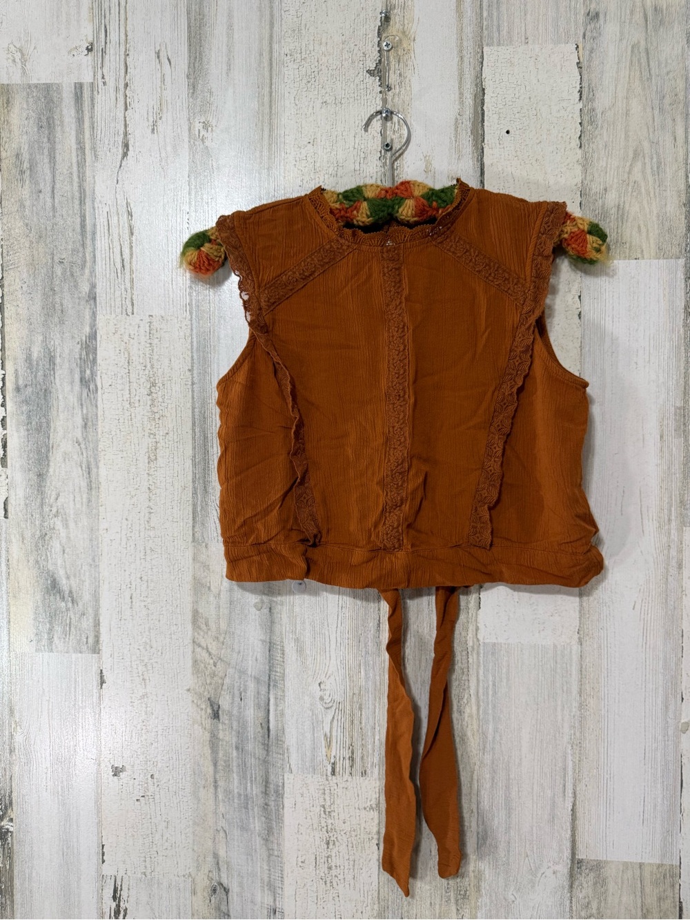 Rust Orange Lace-Trim Tie-Back Crop Top